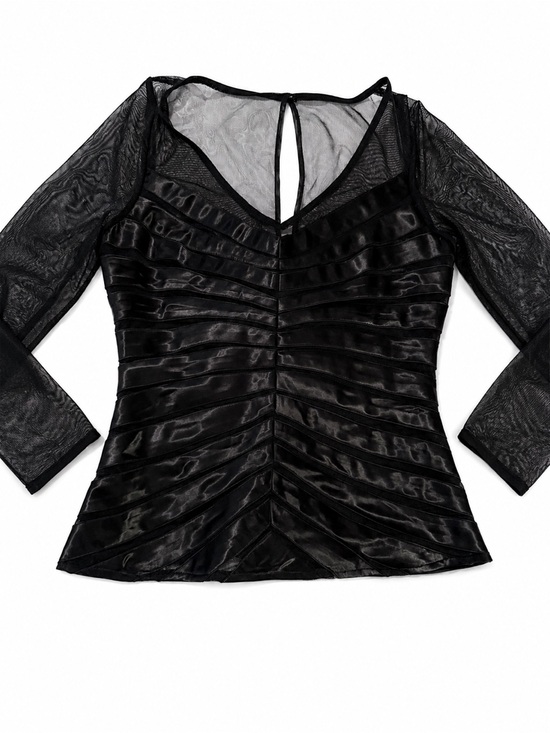 Dress Barn Tops - Dress Barn Black Sheer Mesh and Satin Stripe V-Neck Top